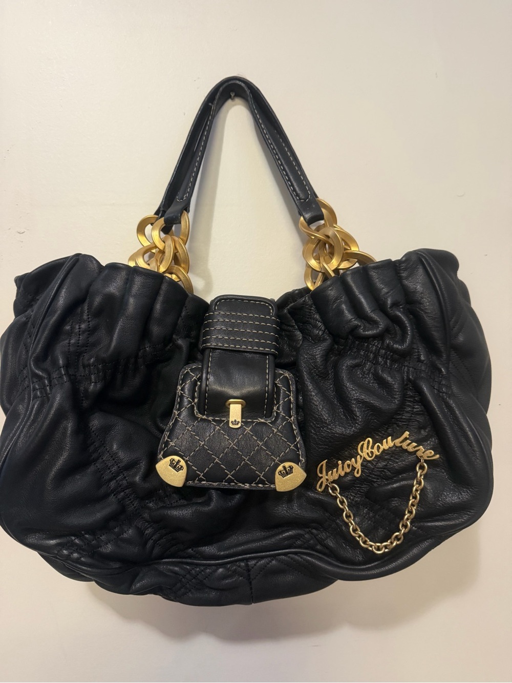 Y2K Vintage Juicy Couture Black Quilted Leather Shoulder Bag with Gold Hardware
